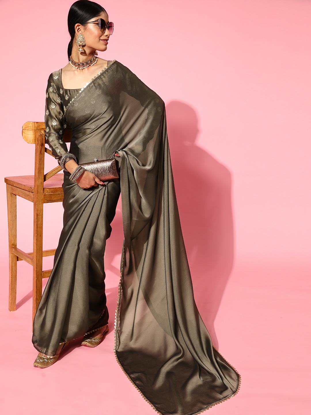 

Inddus Solid Saree with Embroidered border, Brown