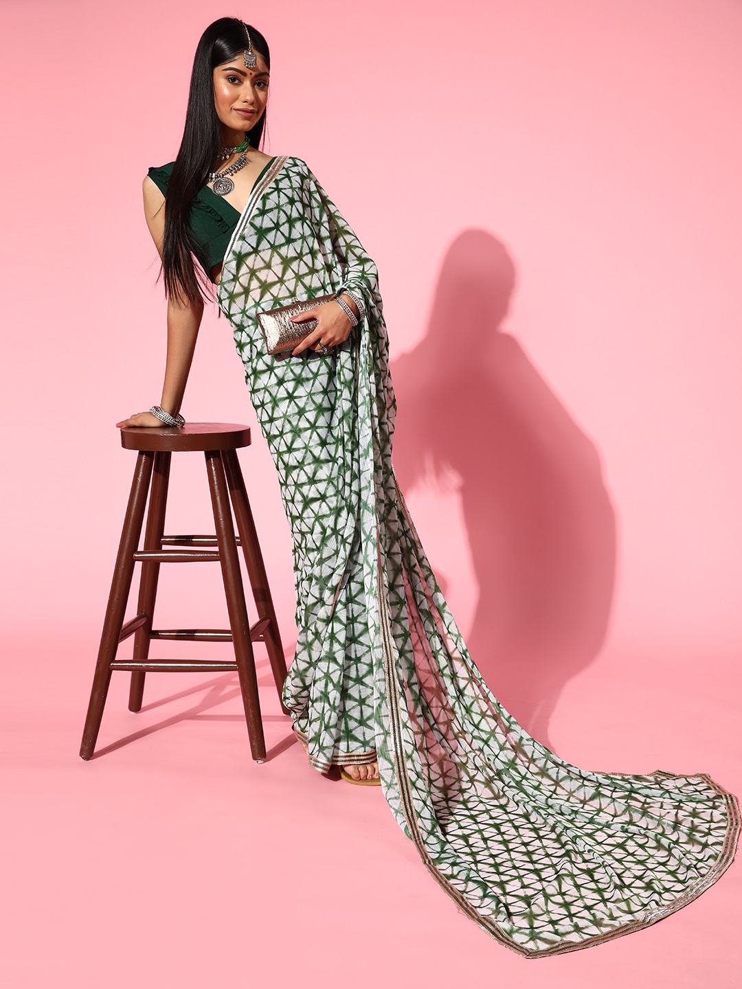 

Inddus Tie and Dye Saree with Zari border, Green
