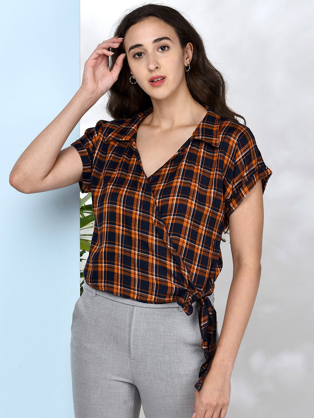 

CHIMPAAANZEE Orange & Black Checked Wrap Top