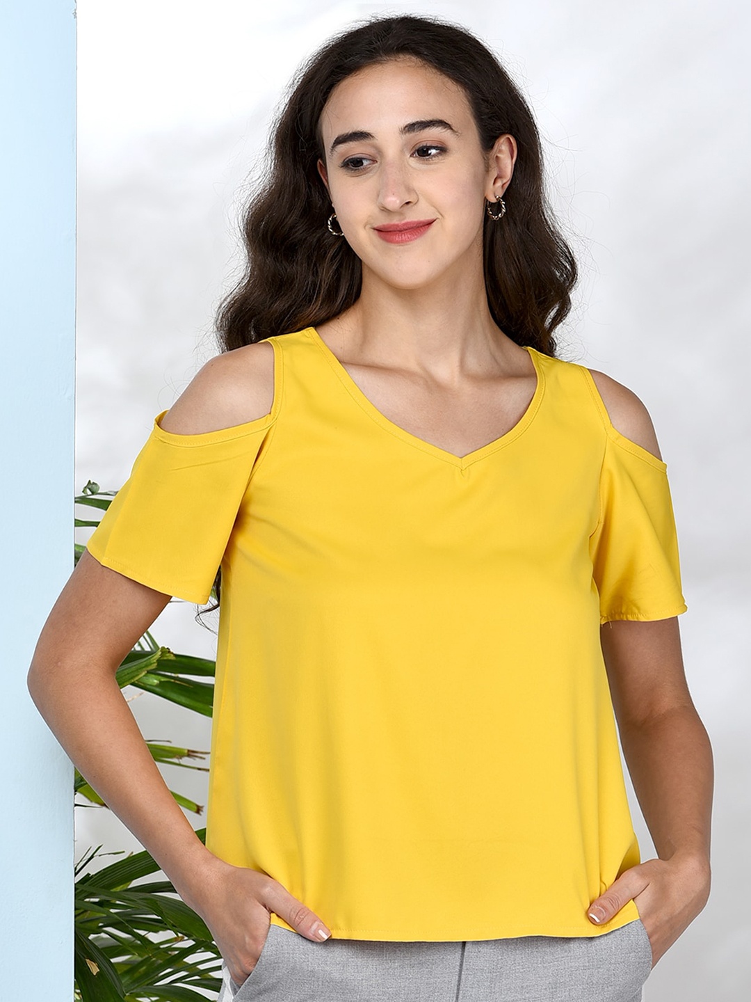 

CHIMPAAANZEE Women Mustard Yellow Cold Shoulder Top