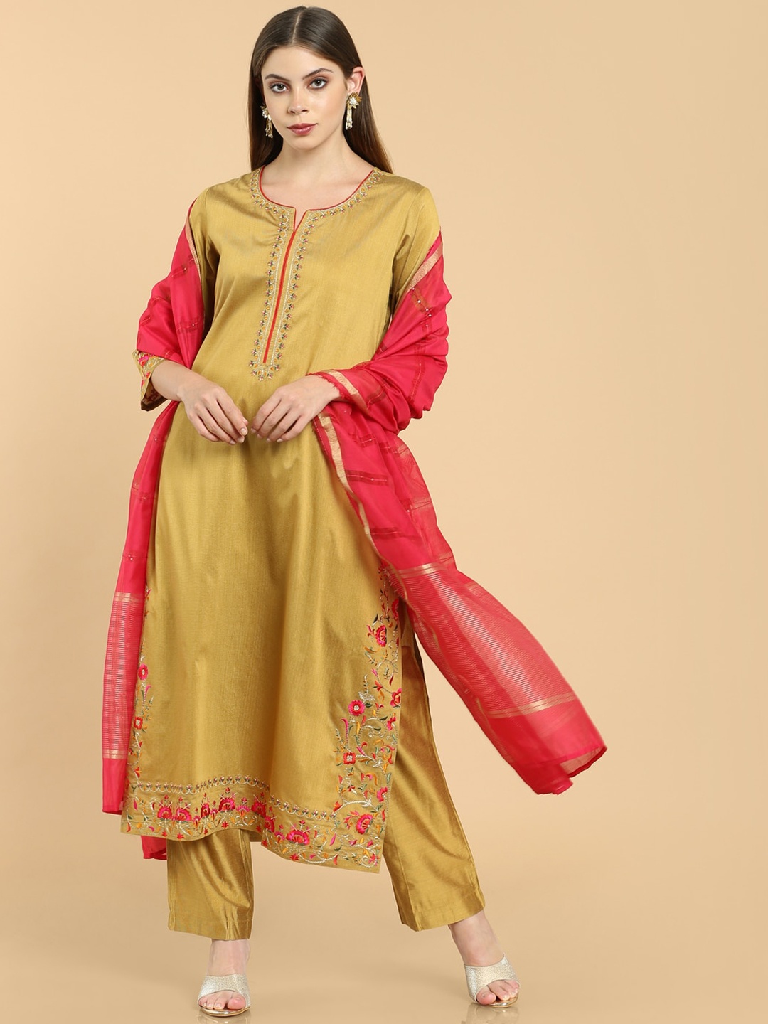 

Soch Women Mustard Yellow Floral Embroidered Layered Poly Silk Kurta Set