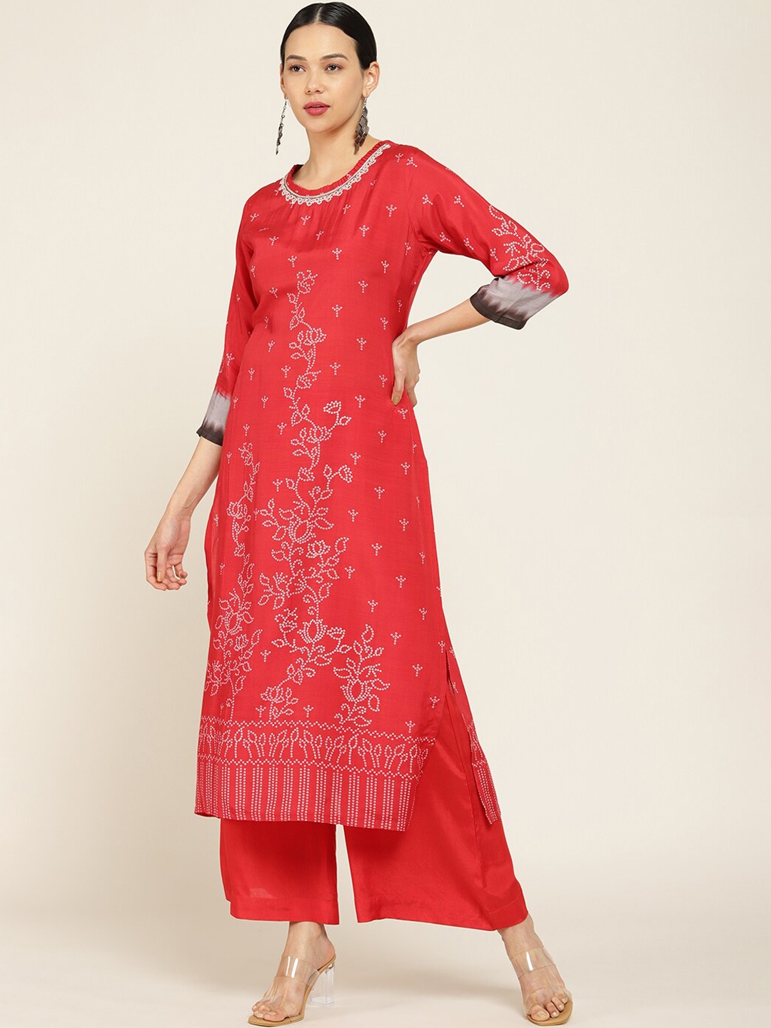 

Soch Women Maroon & Grey Ethnic Motifs Printed SIlk Blend Kurta with Palazzos