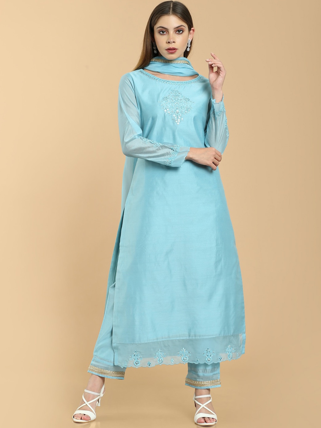 

Soch Women Blue Ethnic Motifs Woven Design Chanderi Kurta With Trousers & Dupatta