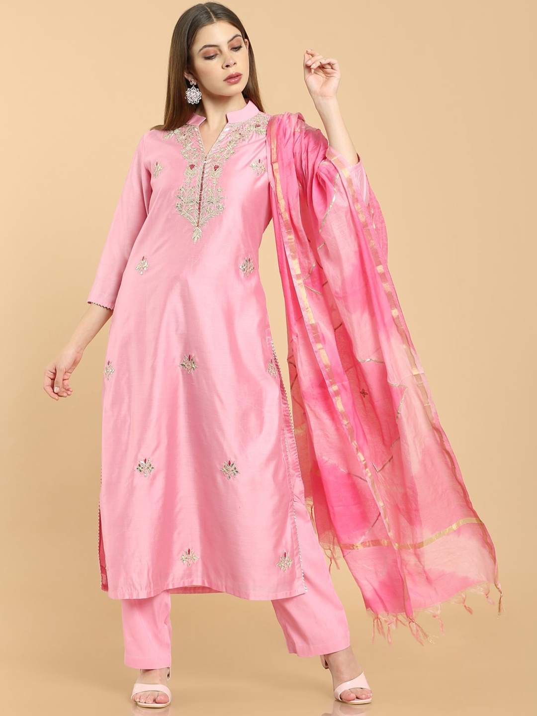 

Soch Women Pink Embroidered Thread Work Chanderi Kurta with Trousers & With Dupatta