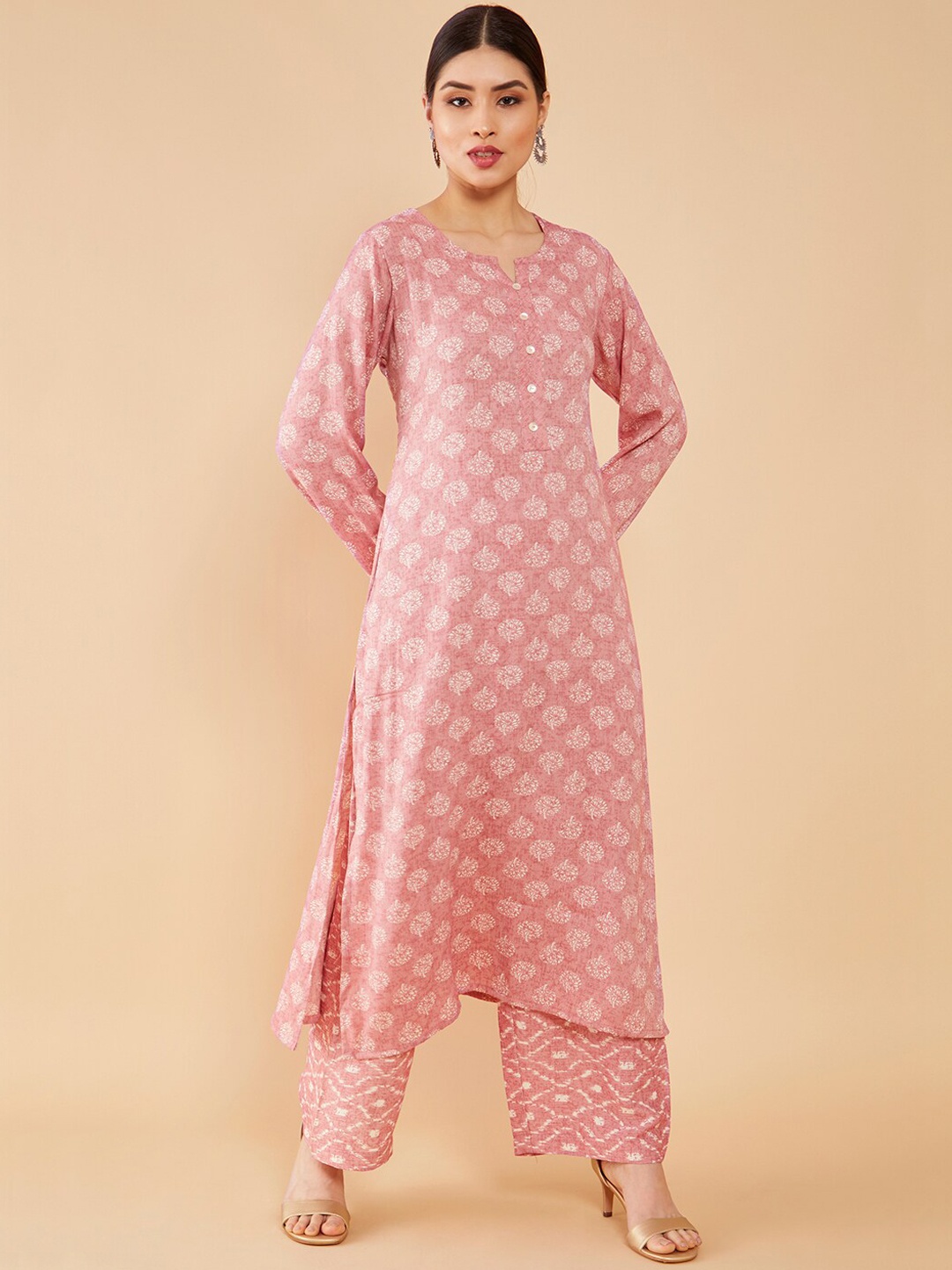 

Soch Women Pink Ethnic Motifs Printed Cotton Flex Kurta with Palazzos