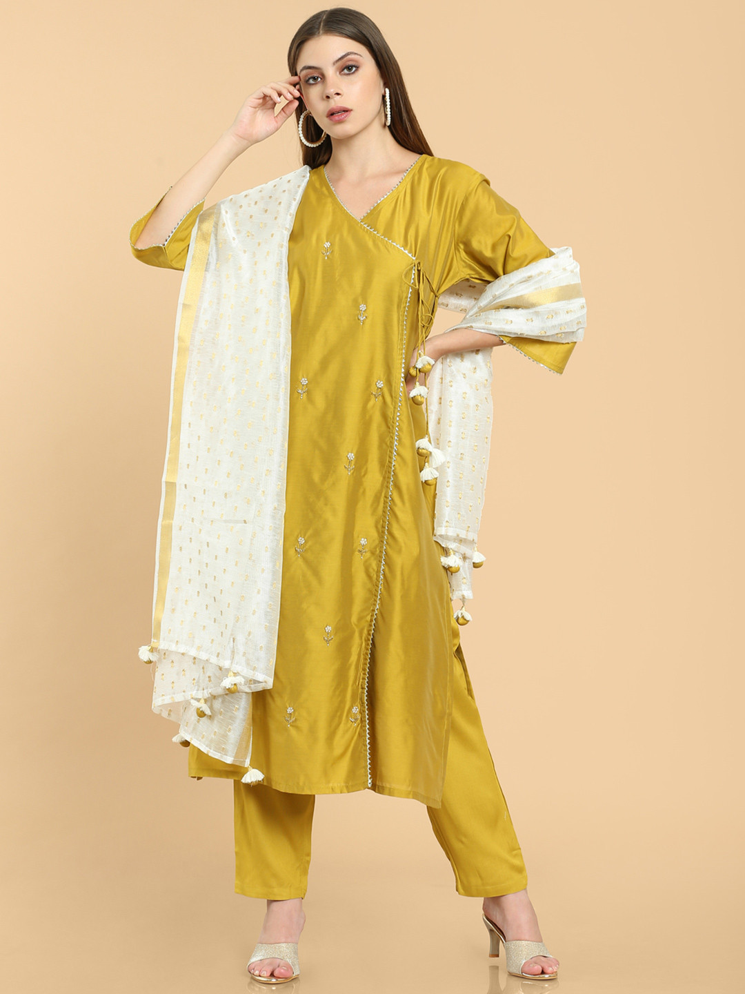 

Soch Women Mustard Yellow Embroidered Angrakha Chanderi Silk Kurta Set