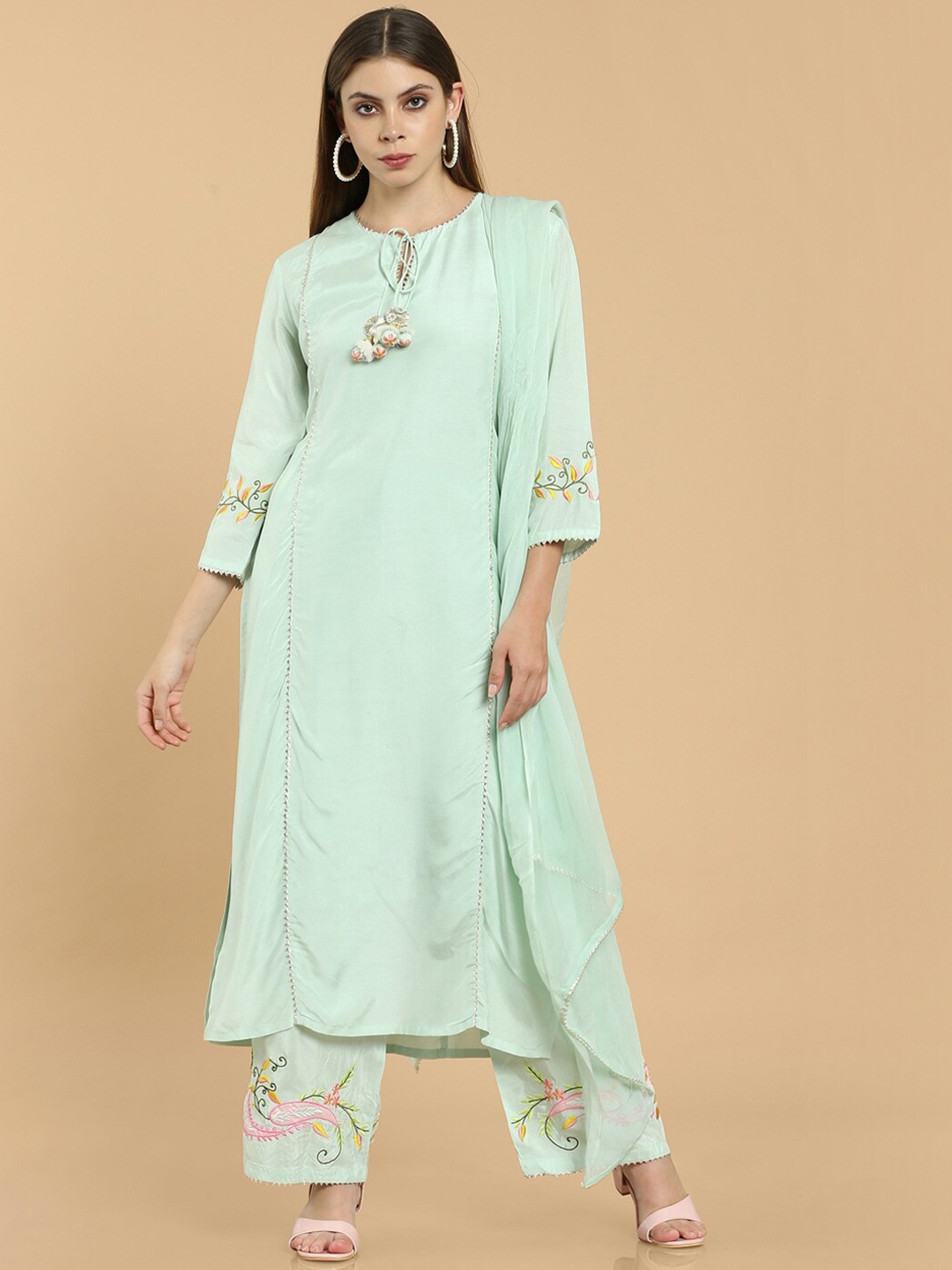 

Soch Women Green Embroidered Muslin Kurta with Trousers