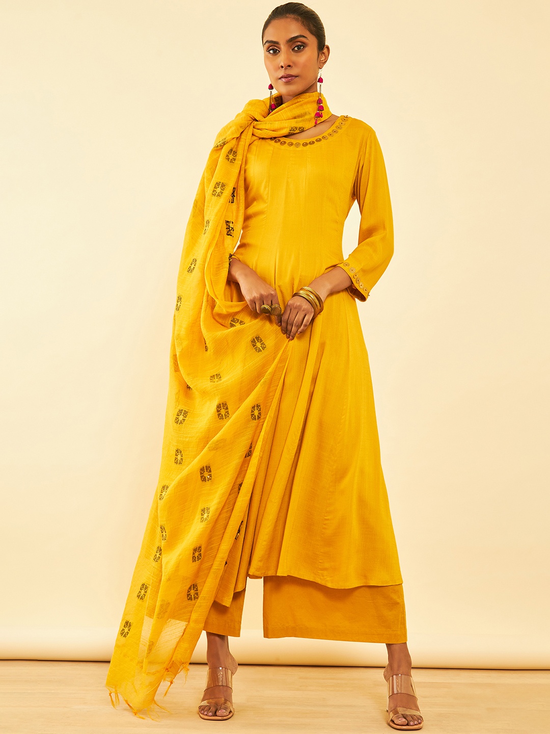 

Soch Women Mustard Yellow Pleated Poly Viscose Kurta with Palazzos & With Dupatta