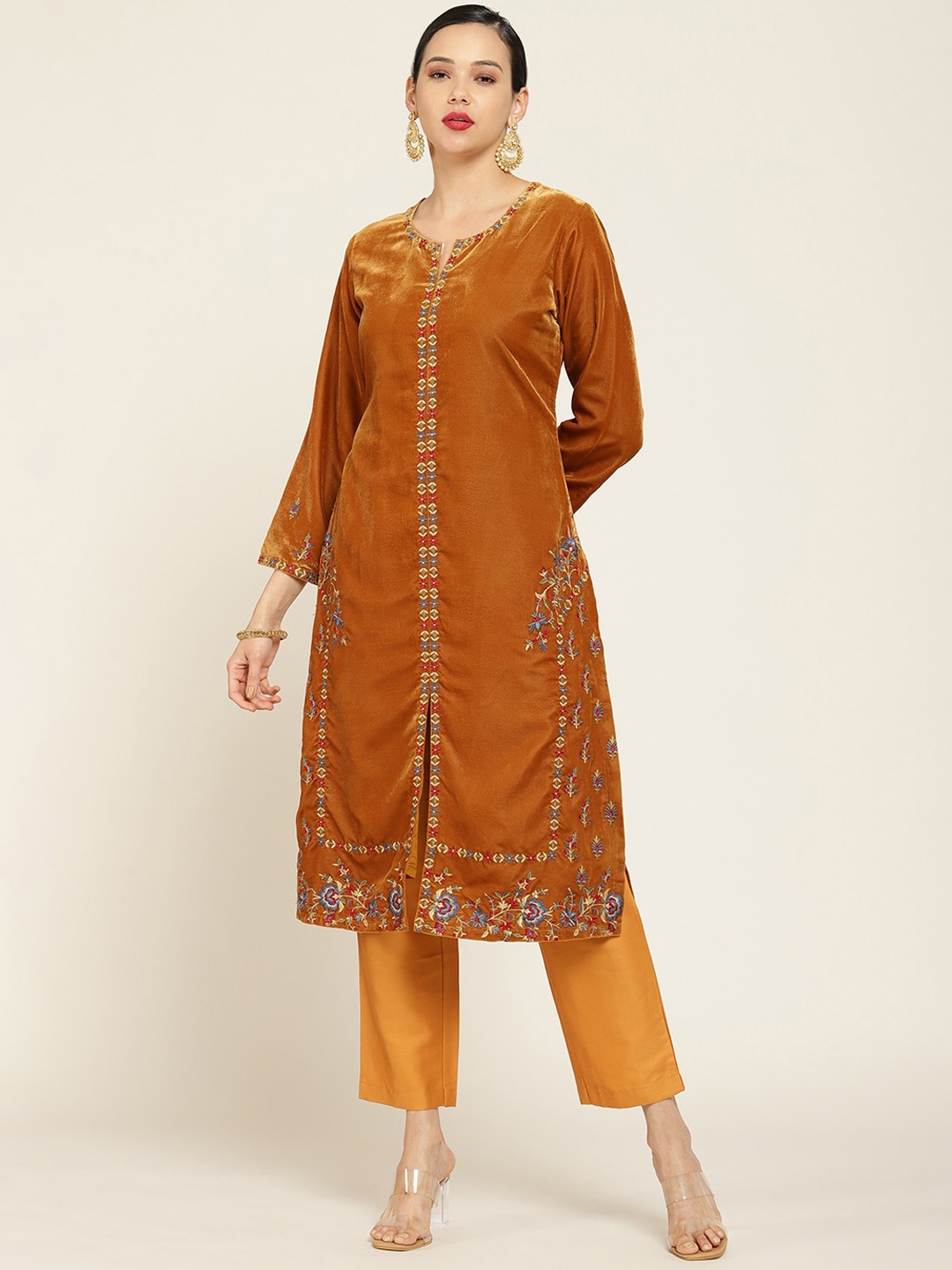 

Soch Women Mustard Yellow Floral Embroidered Velvet Kurta with Trousers