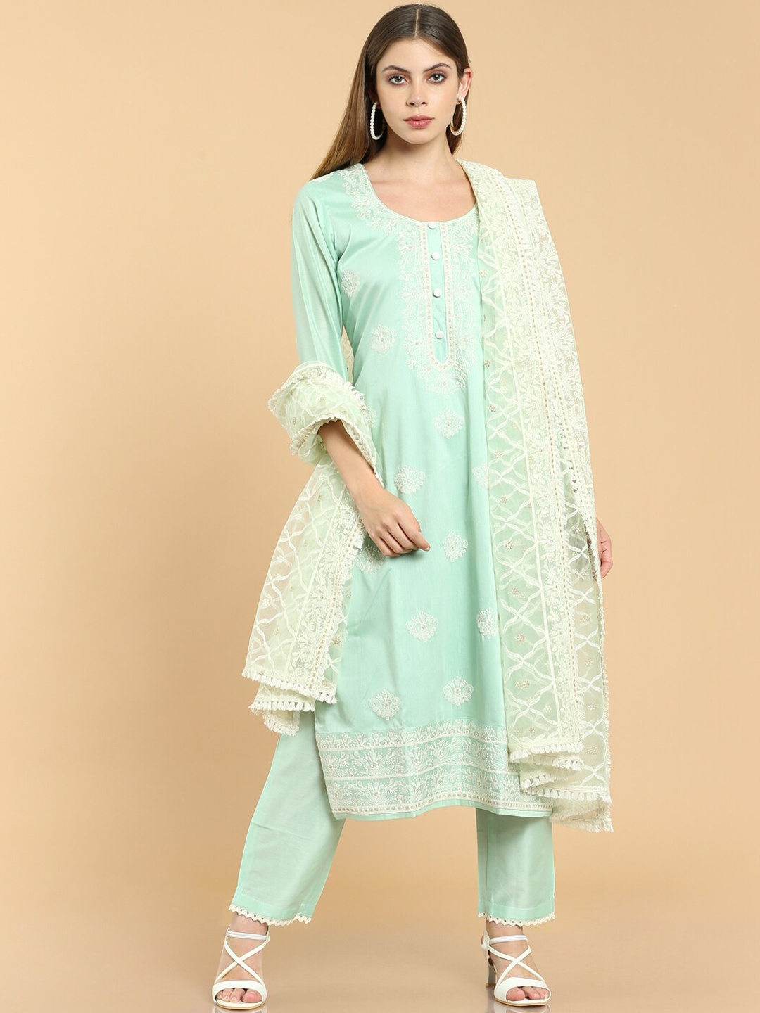 

Soch Women Green Floral Embroidered Silk Kurta With Trousers & Dupatta