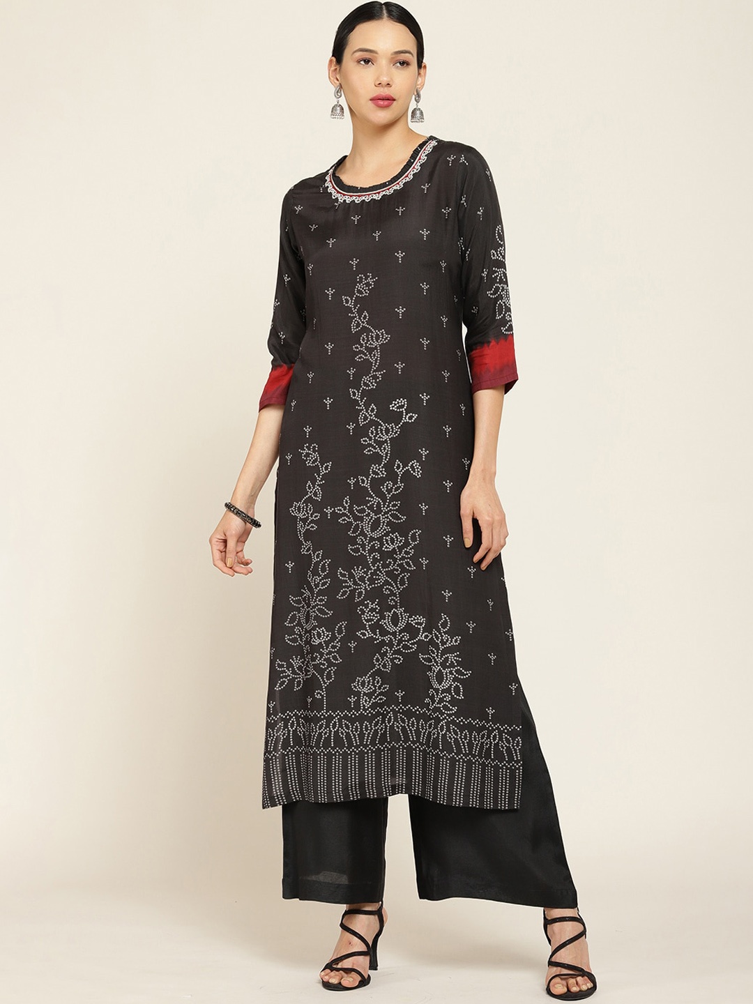 

Soch Women Black Bandhni Printed Silk Blend Kurta with Palazzos