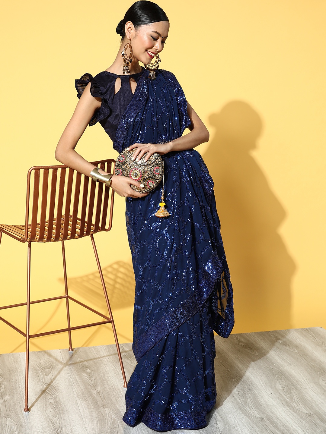 

Mitera Blue Embellished Sequinned Pure Georgette Saree