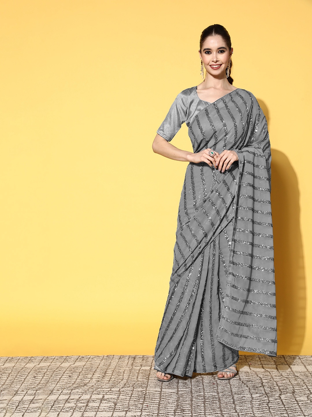 

Mitera Embellished Sequinned Pure Georgette Saree, Grey