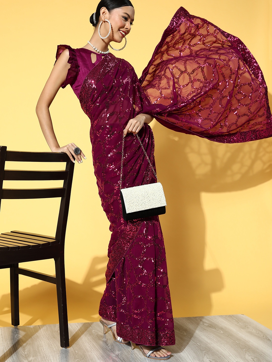

Mitera Maroon Embellished Sequinned Pure Georgette Saree