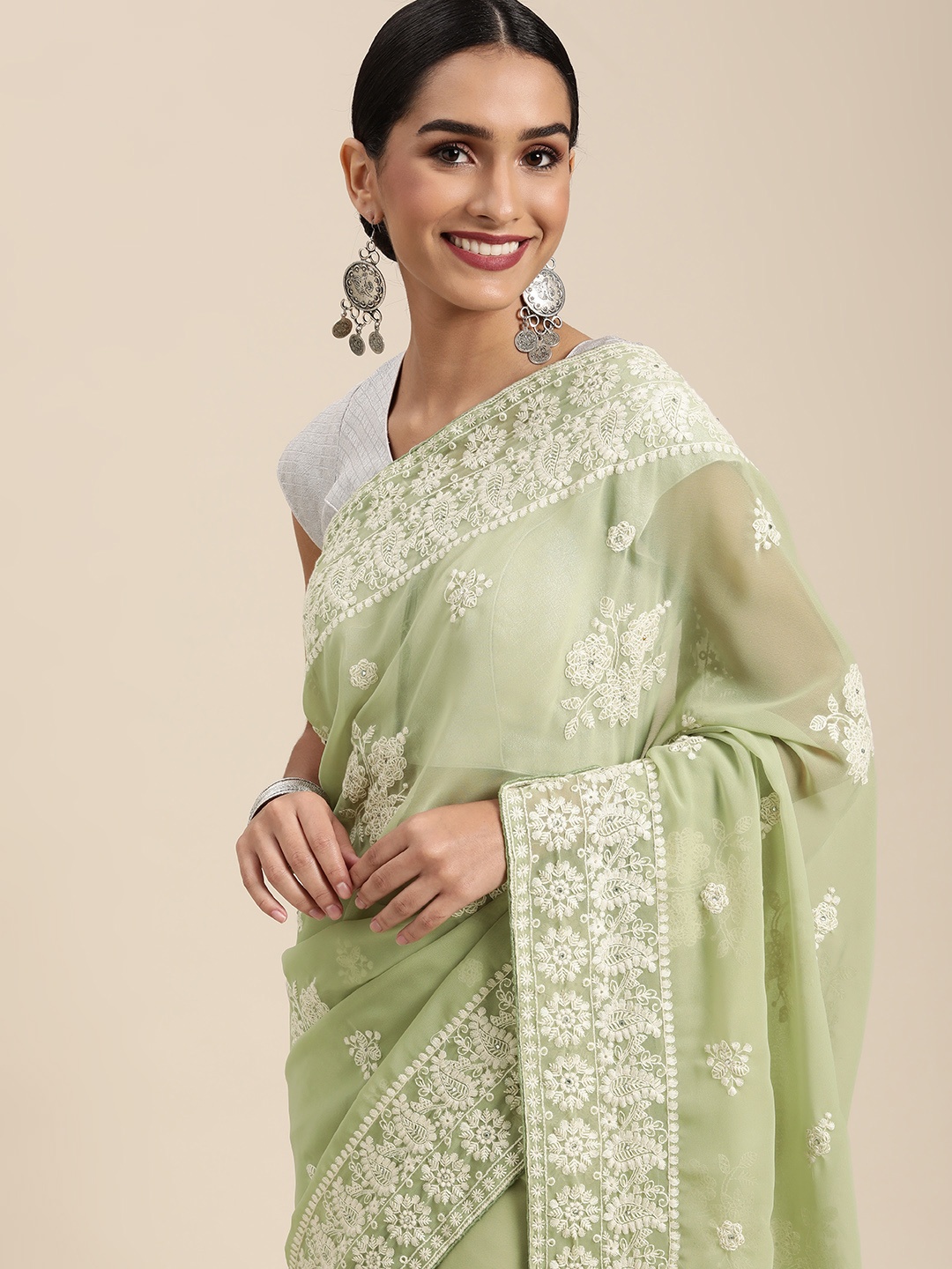 

Shaily Green Pure Georgette Chikankari Embroidered Saree