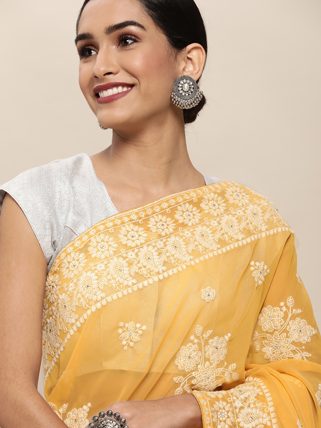 

Shaily Yellow Pure Georgette Chikankari Embroidered Saree