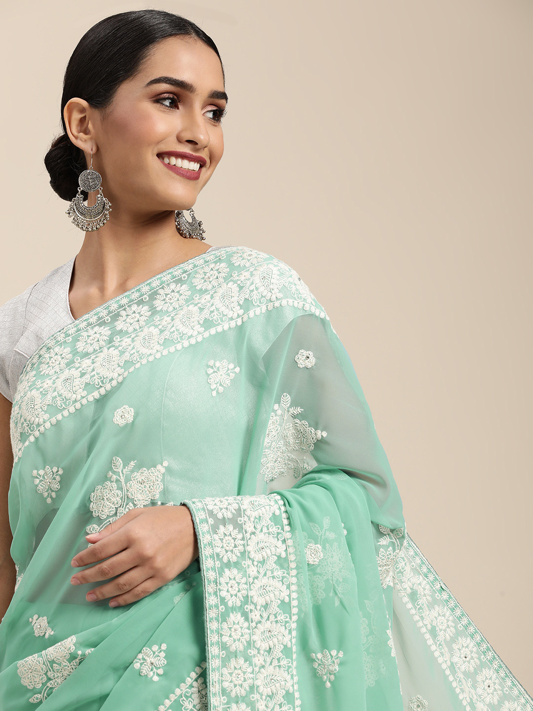 

Shaily Sea Green Pure Georgette Chikankari Embroidered Saree