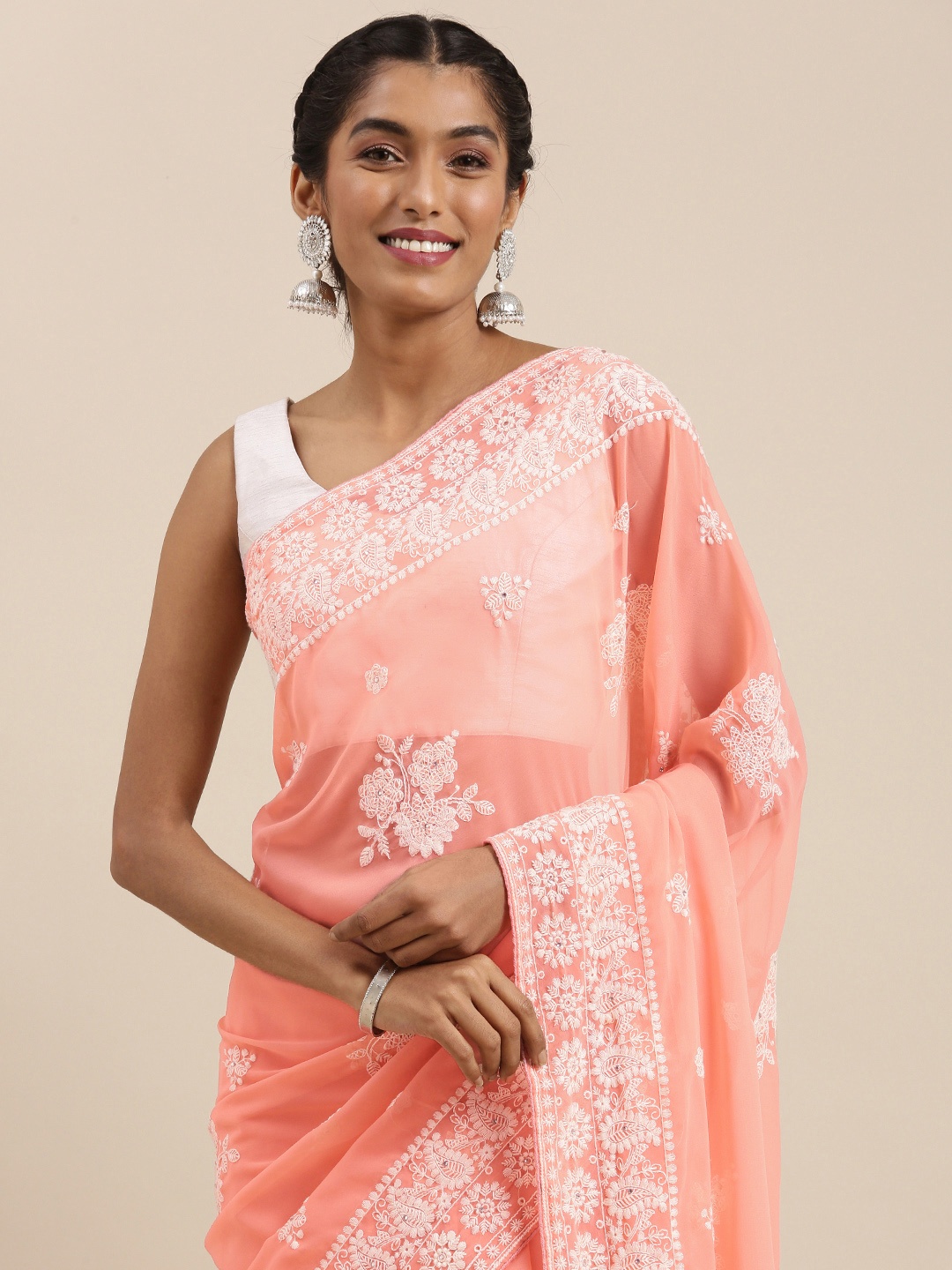 

Mitera Peach-Coloured & White Ethnic Motifs Embroidered Pure Georgette Saree