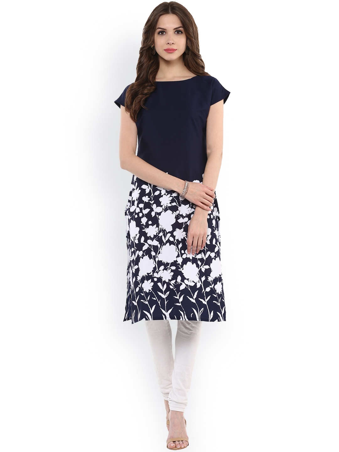 

Ives Women Navy & White Printed Straight Kurta, Navy blue