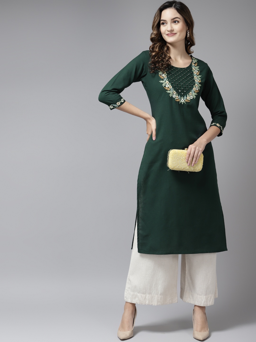 

Yufta Women Green Floral Yoke Design Mirror Work Pure Cotton Kurta