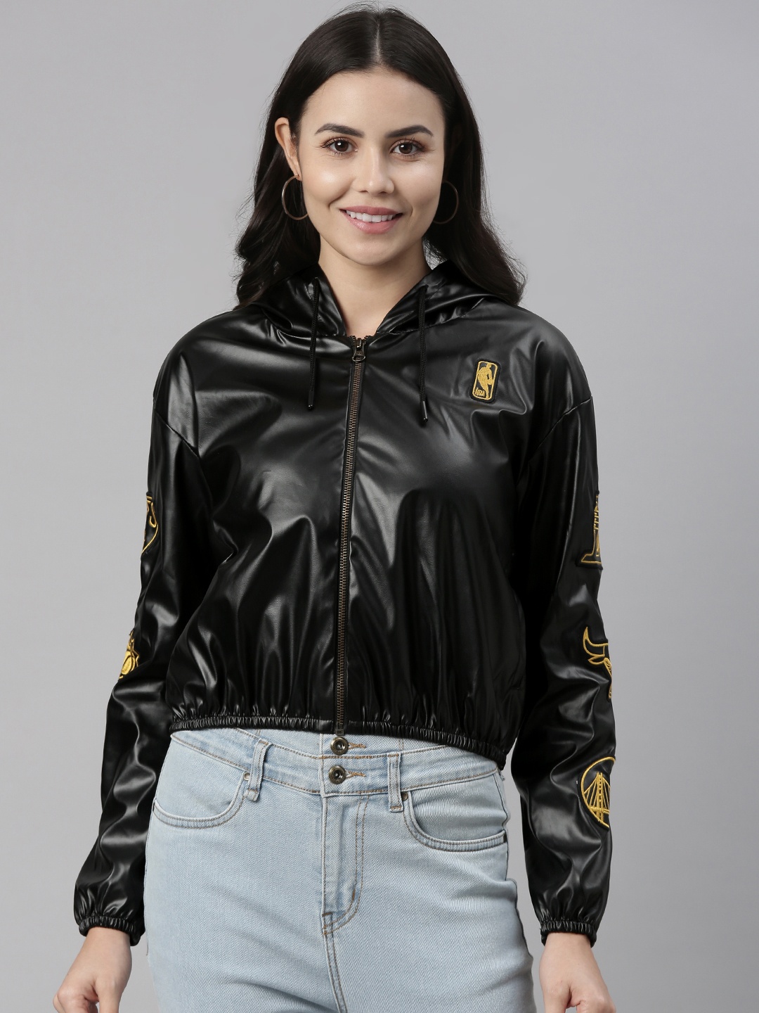 

NBA Women Black Solid Faux Leather Cropped Hooded Jacket