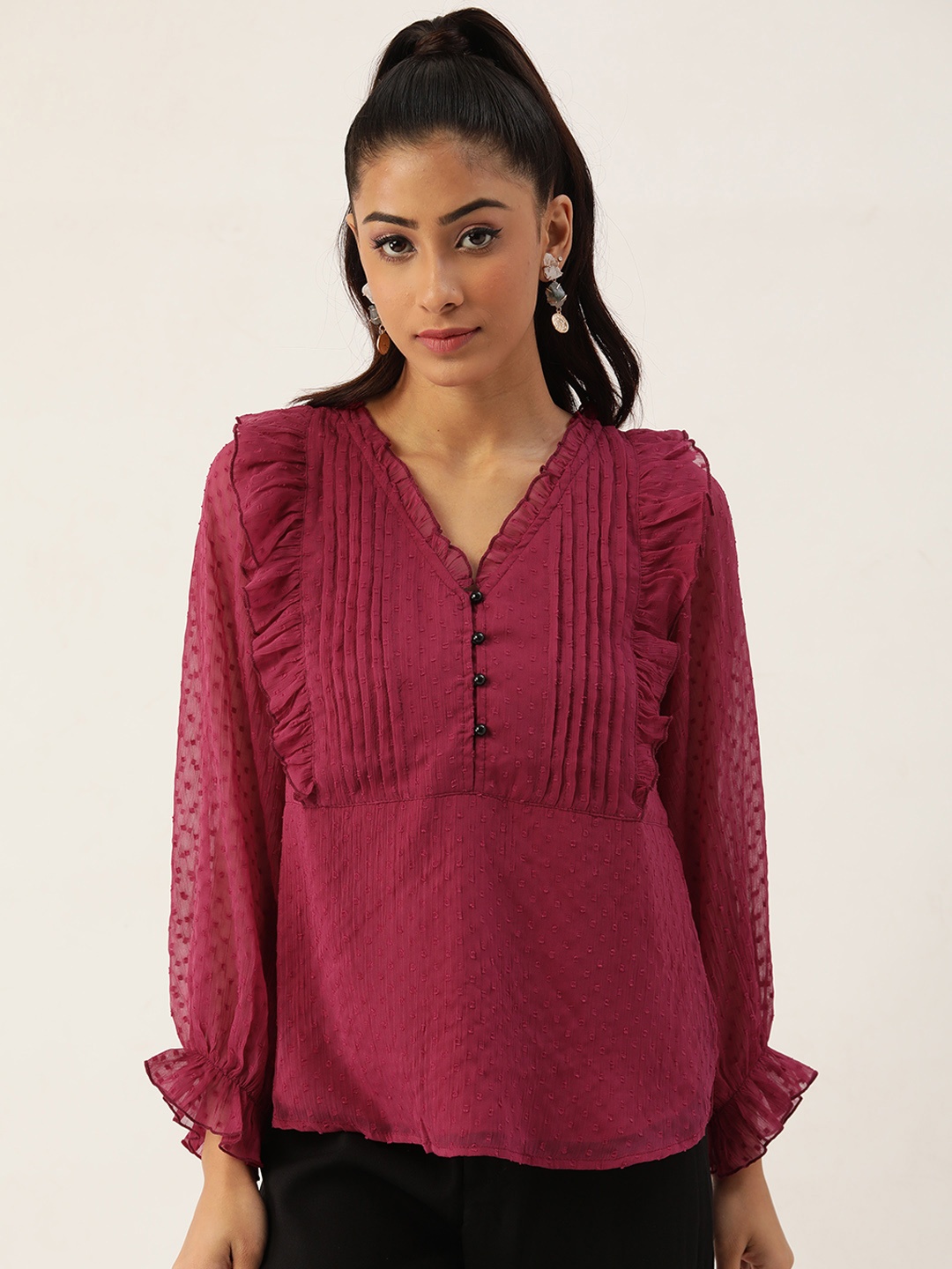 

Antheaa Women Red Solid Dobby Ruffles Top