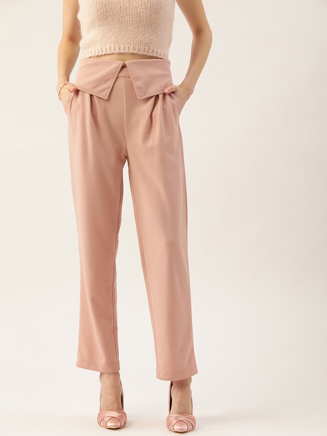 

Antheaa Women Dusty Pink Textured Flared High-Rise Trousers, Rose