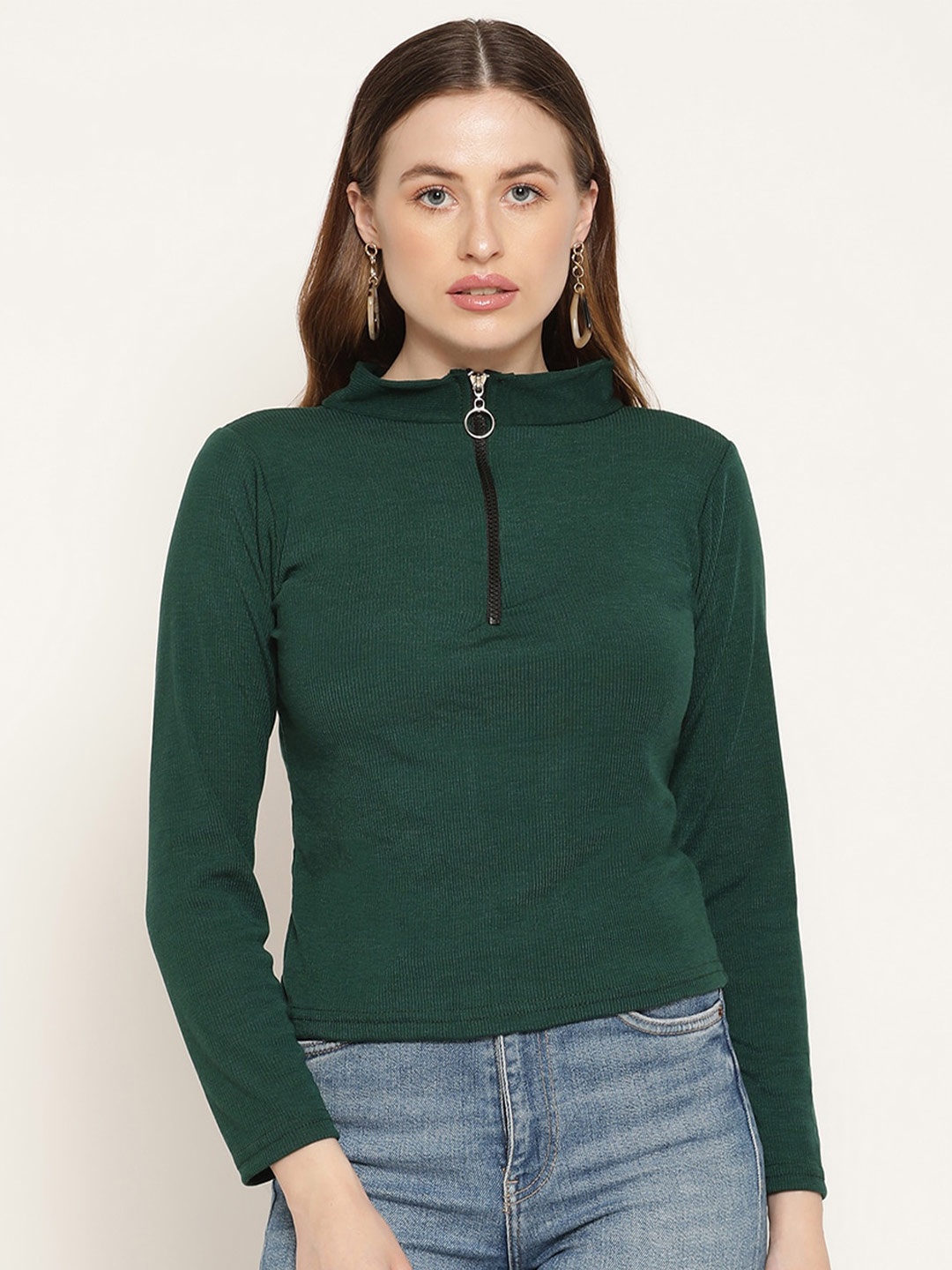 

Miaz Lifestyle Green High Neck Full Sleeves Top