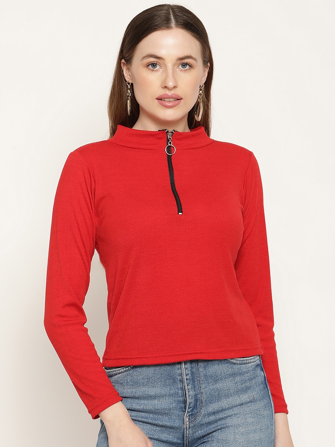 

Miaz Lifestyle Women Red Self Design Zip Detail Cotton Blend Top