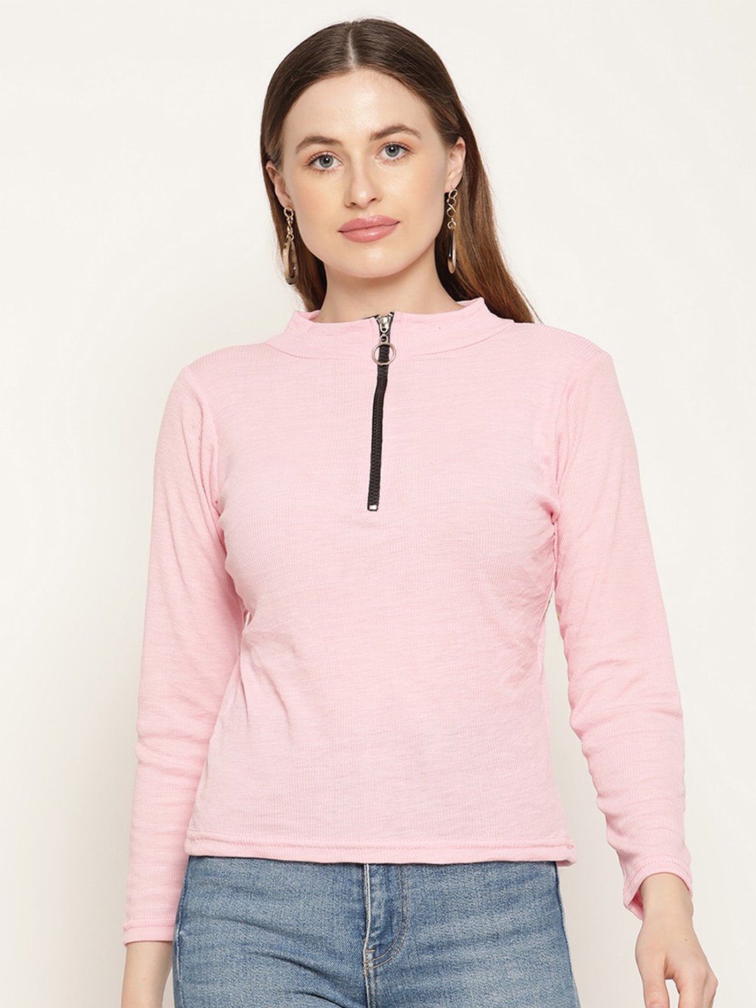 

Miaz Lifestyle Pink Solid Knitted High Neck Top