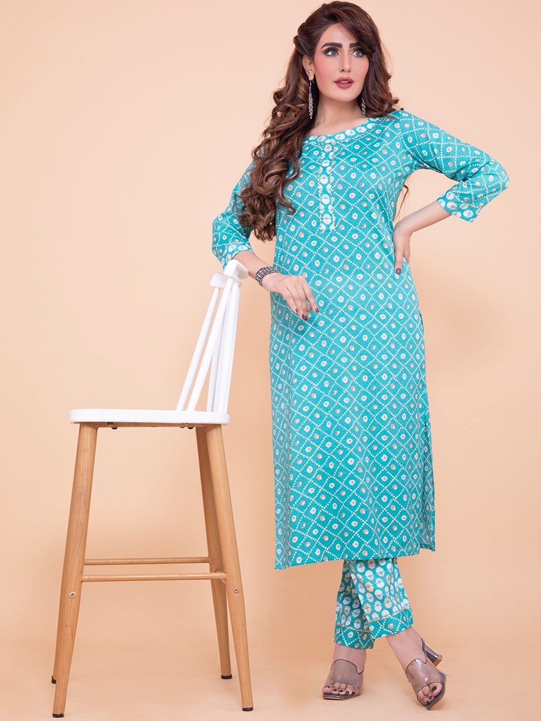 

POONAM DESIGNER Women Blue Printed Pure Cotton Kurta with Trousers