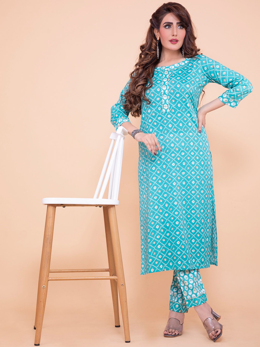 

POONAM DESIGNER Women Blue Printed Empire Pure Cotton Kurta with Trousers
