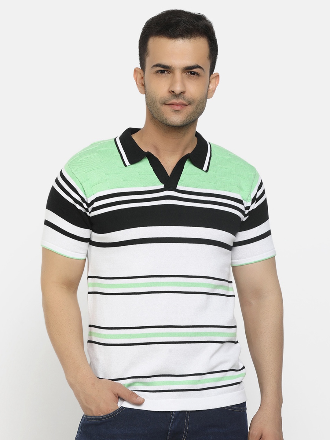 

V-Mart Men Green & White Striped Cotton Polo Collar Slim Fit T-shirt