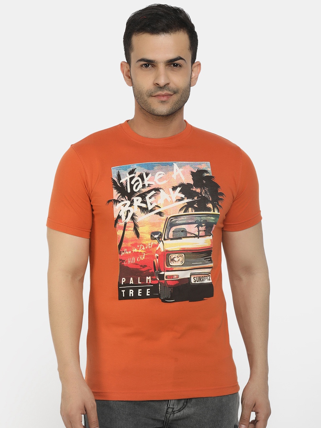 

V-Mart Men Rust Printed Slim Fit Cotton T-shirt