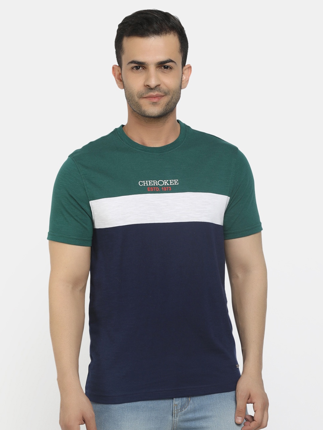 

Cherokee Men Green & Navy Blue Colourblocked T-shirt