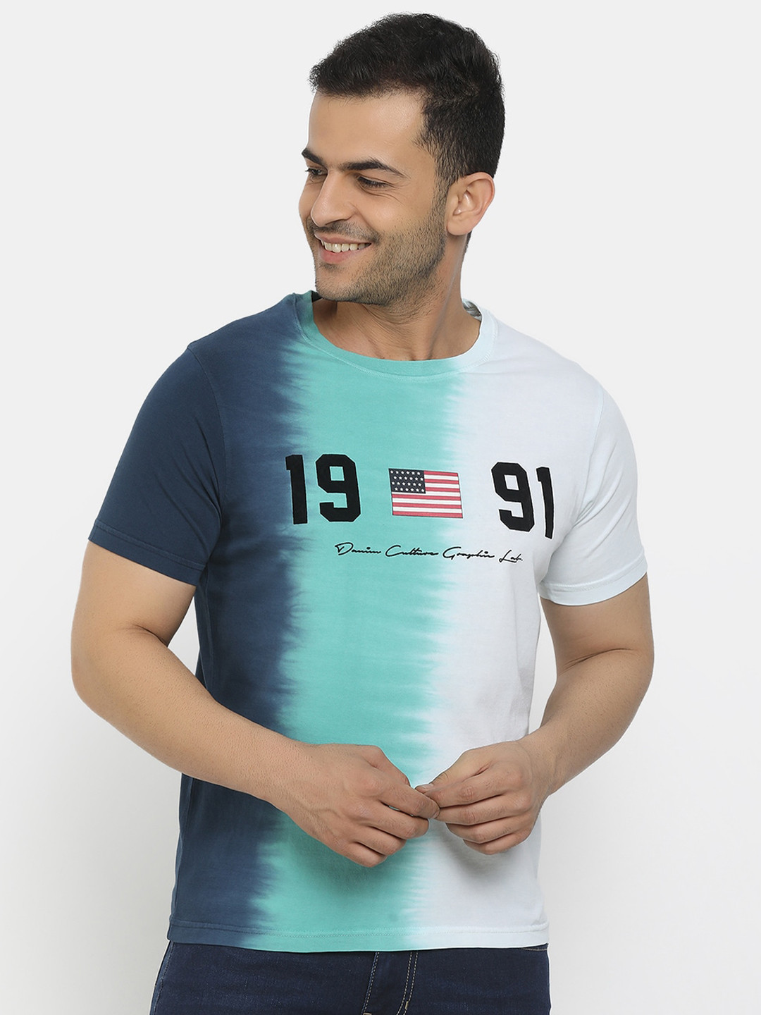 

V-Mart Men Blue & Sea Green Typography Printed Slim Fit T-shirt