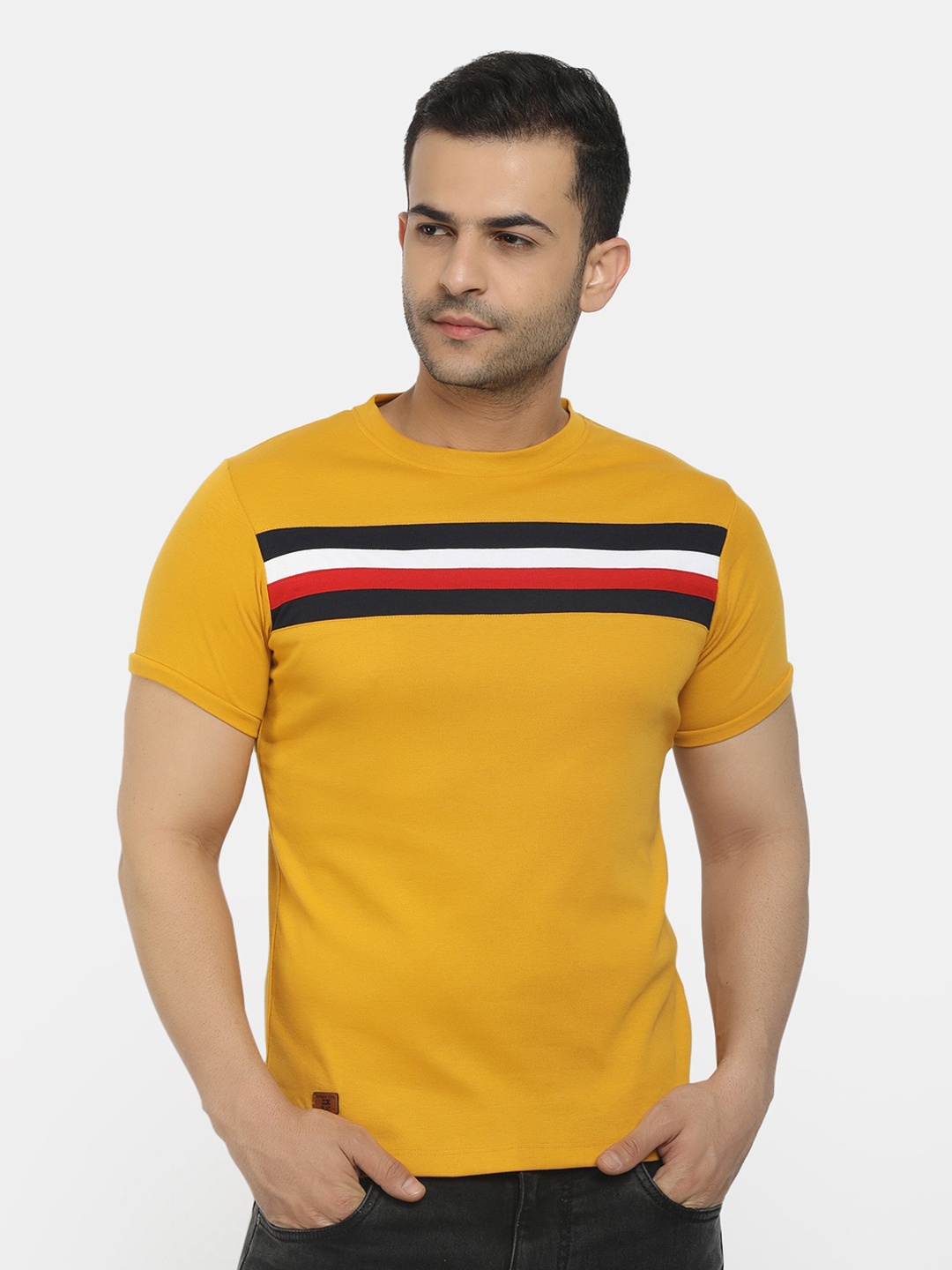

V-Mart Men Mustard Yellow & Navy Blue Striped Slim Fit T-shirt