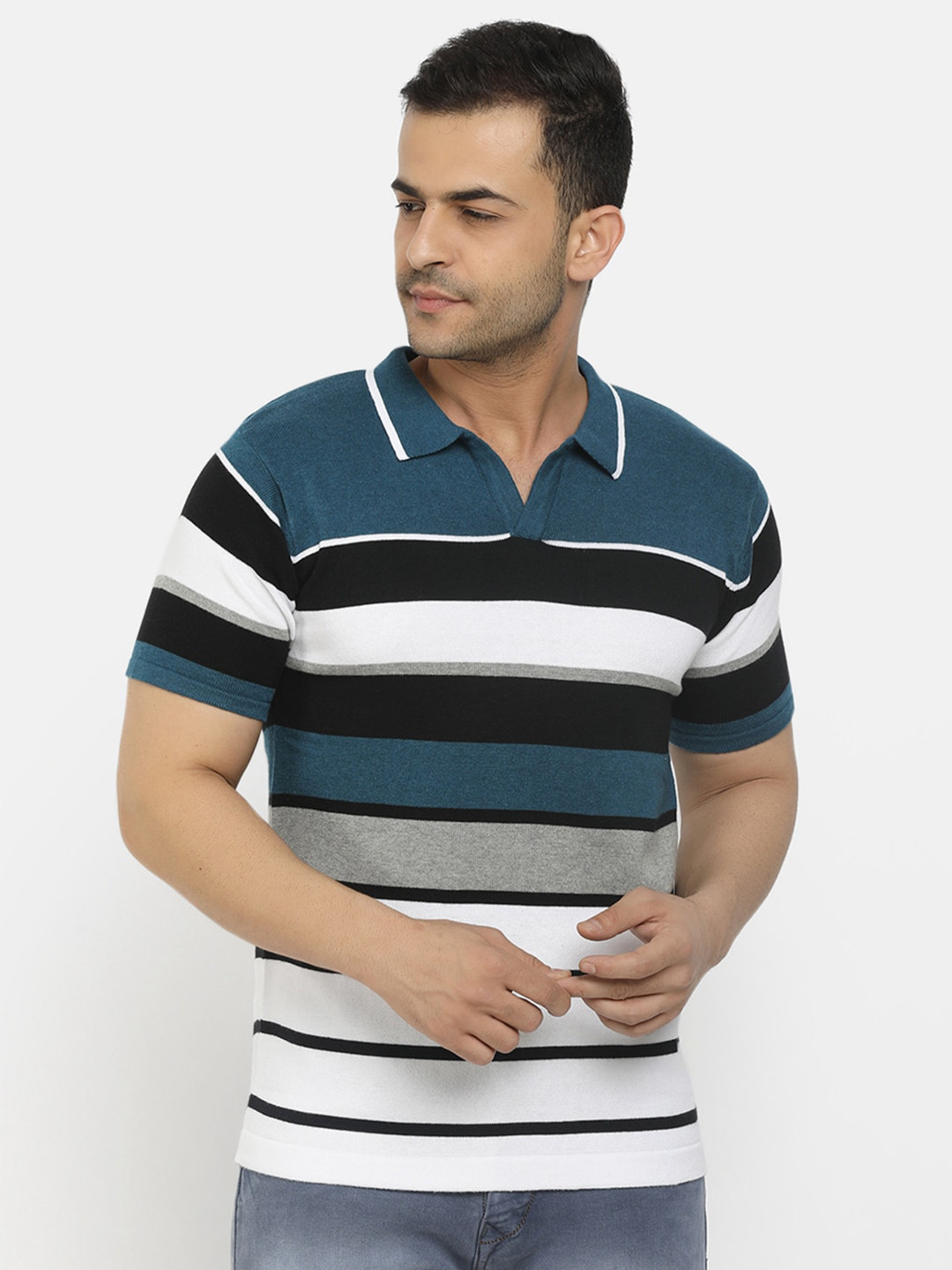 

V-Mart Men Black & Teal Striped Polo Collar Slim Fit T-shirt