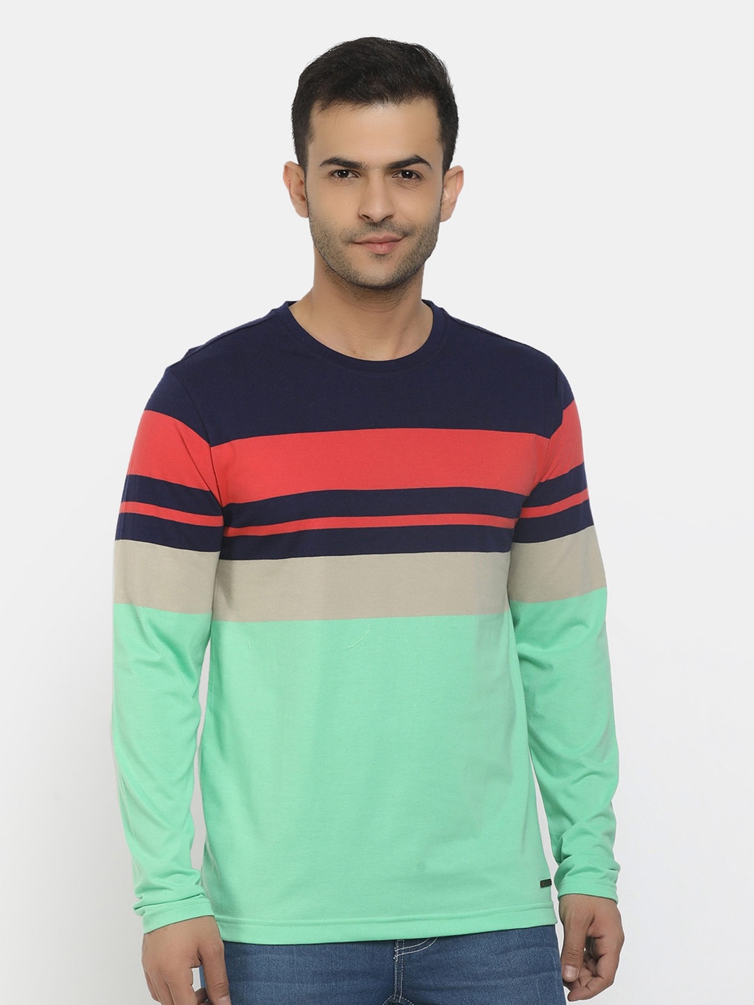 

Cherokee Men Green Striped Layered Sleeves T-shirt