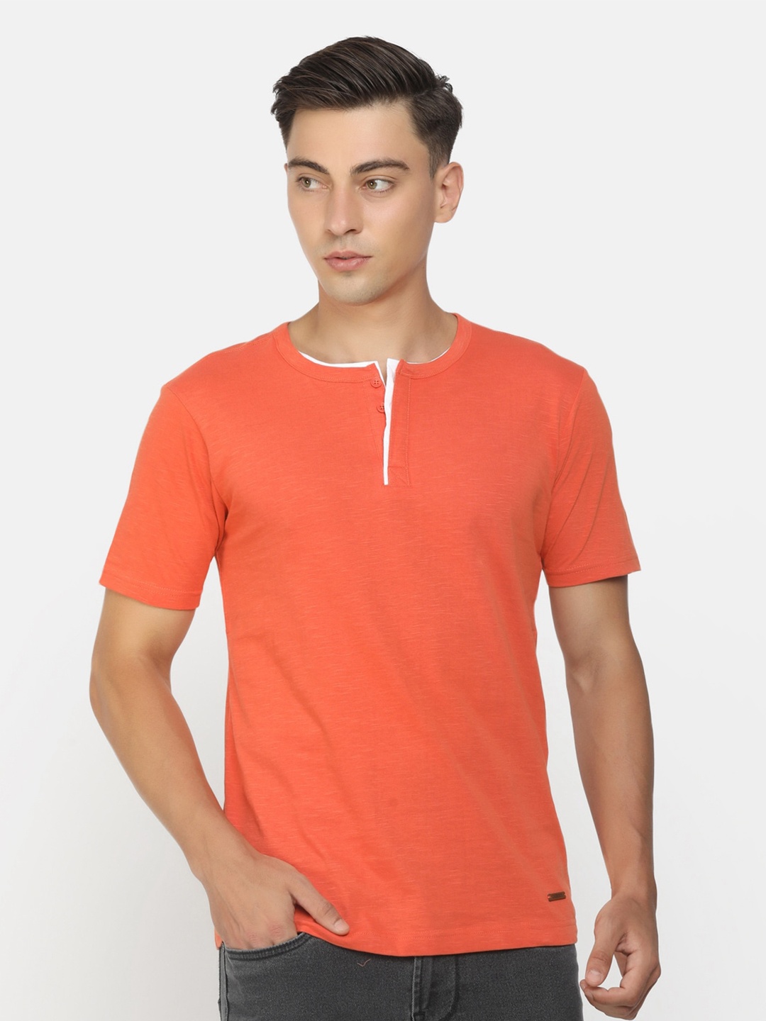 

Cherokee Men Orange Henley Neck T-shirt