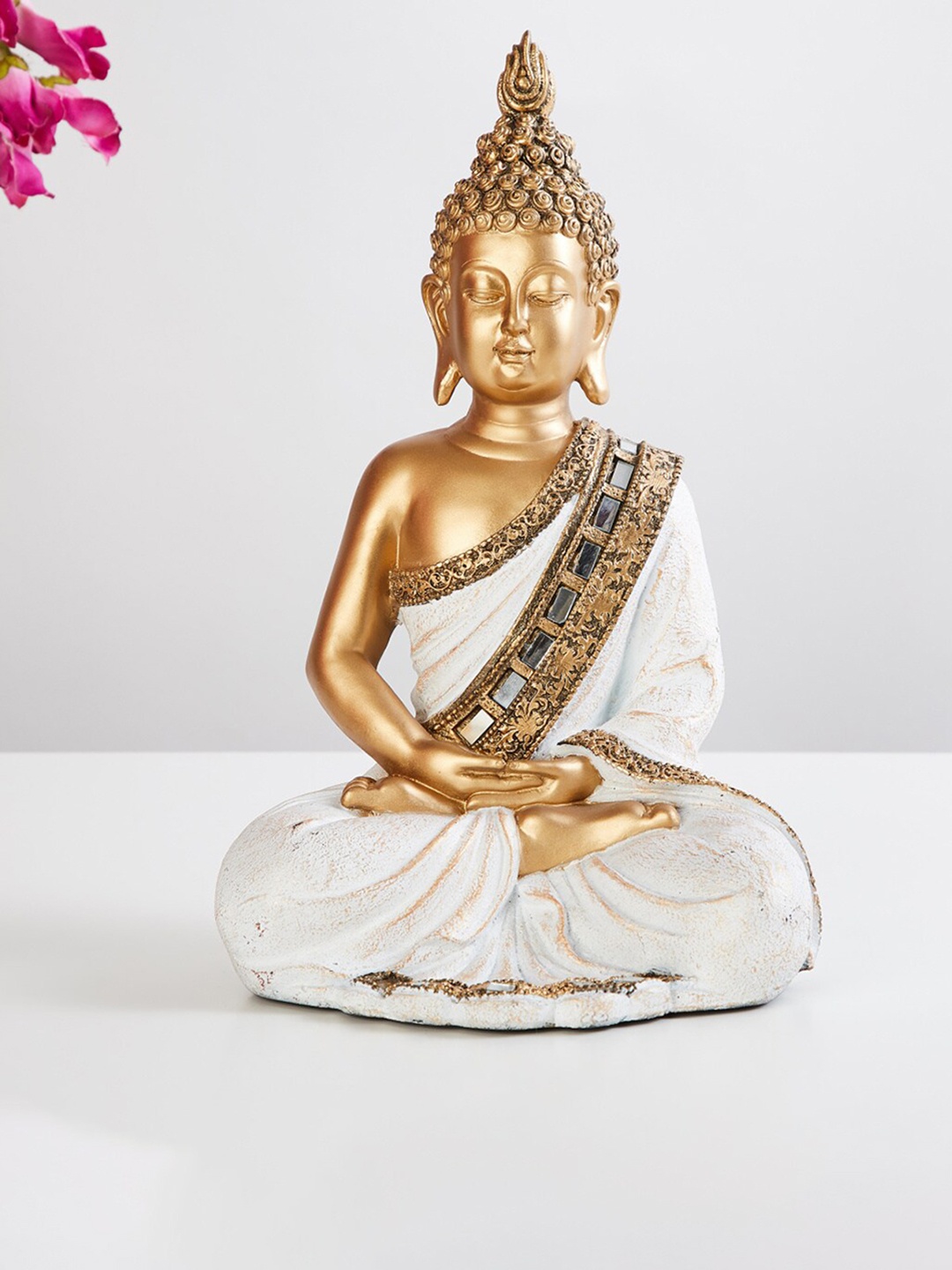 

Home Centre Gold-Toned & White Textured Buddha Figurine Showpieces