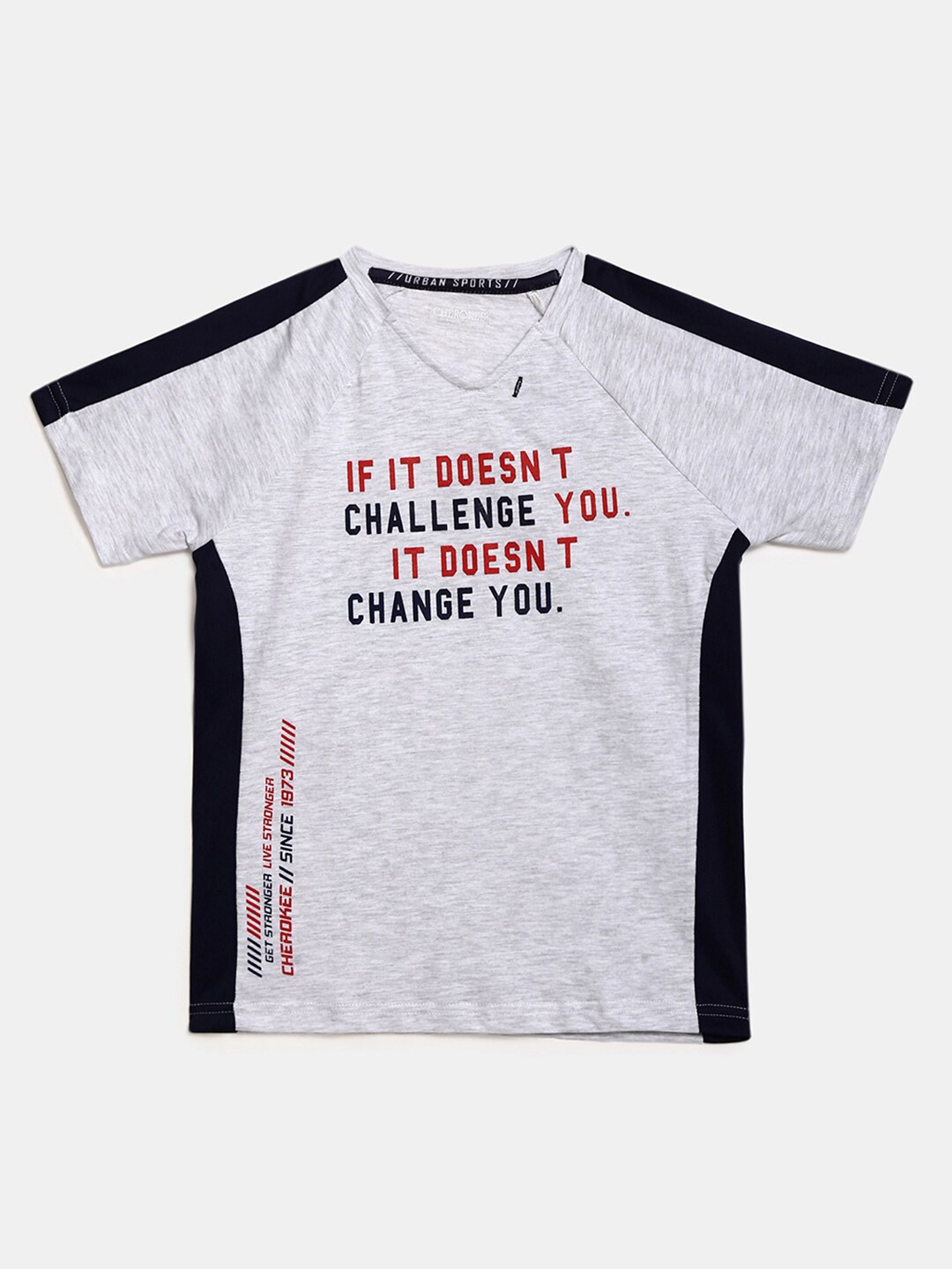 

Cherokee Boys Grey Melange & Navy Blue Typography Printed T-shirt
