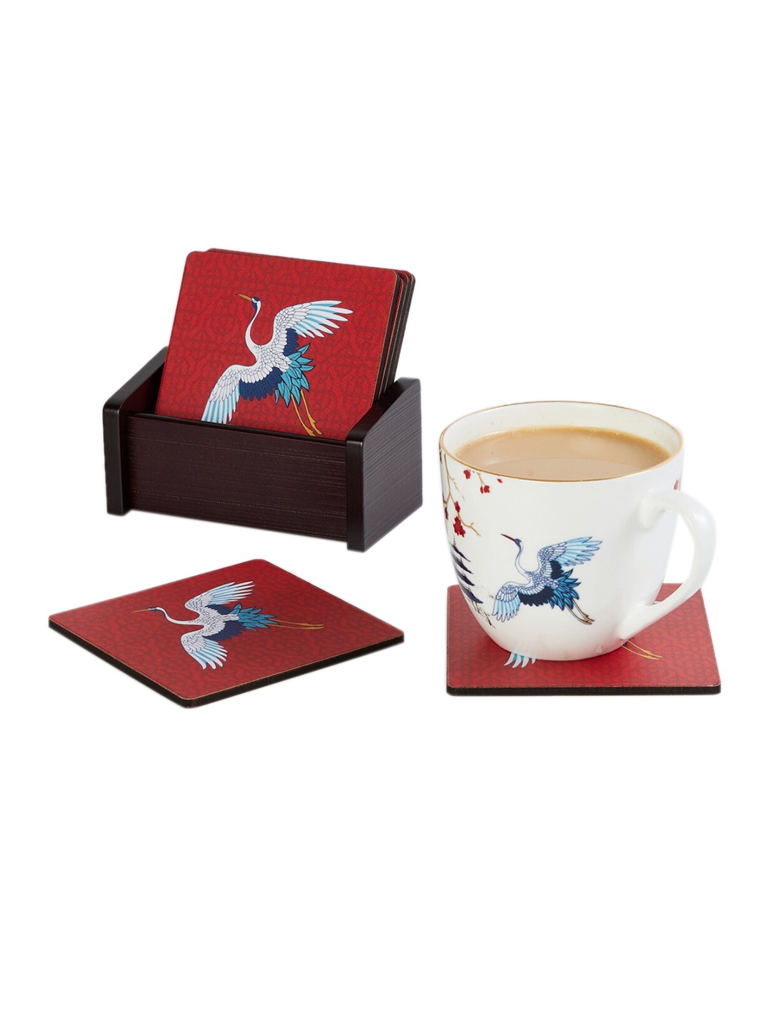 

Home Centre Red Set of 6 Pagoda Pride Printed Wooden Coasters With Stand