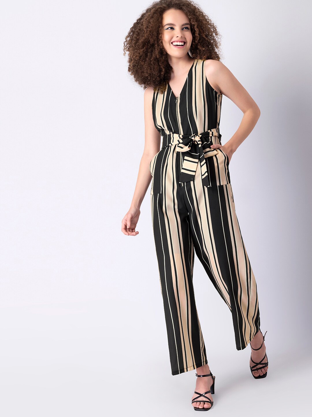 

FabAlley Black & Peach Striped Basic Jumpsuit