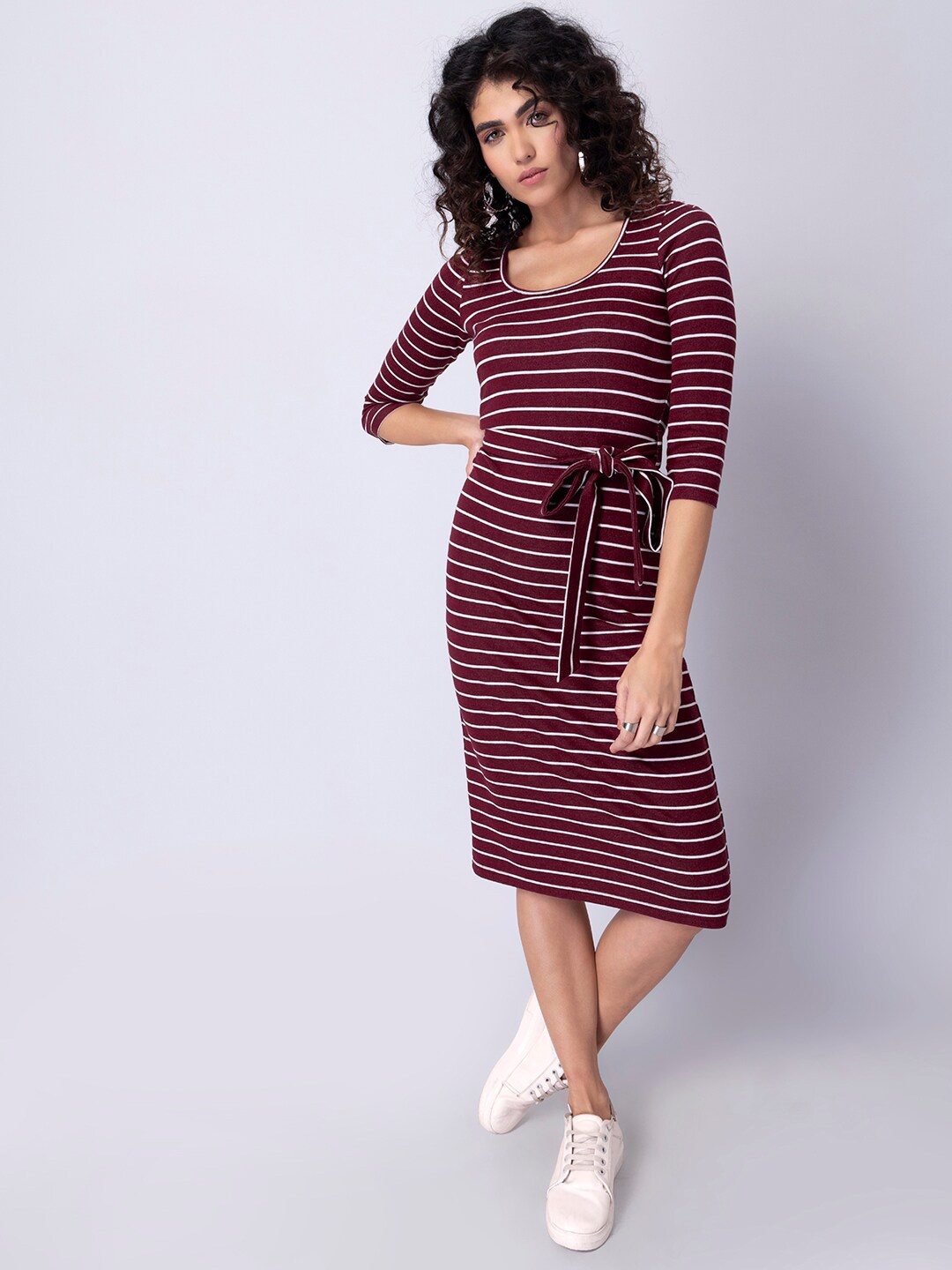 

FabAlley Maroon & White Striped Sheath Midi Dress