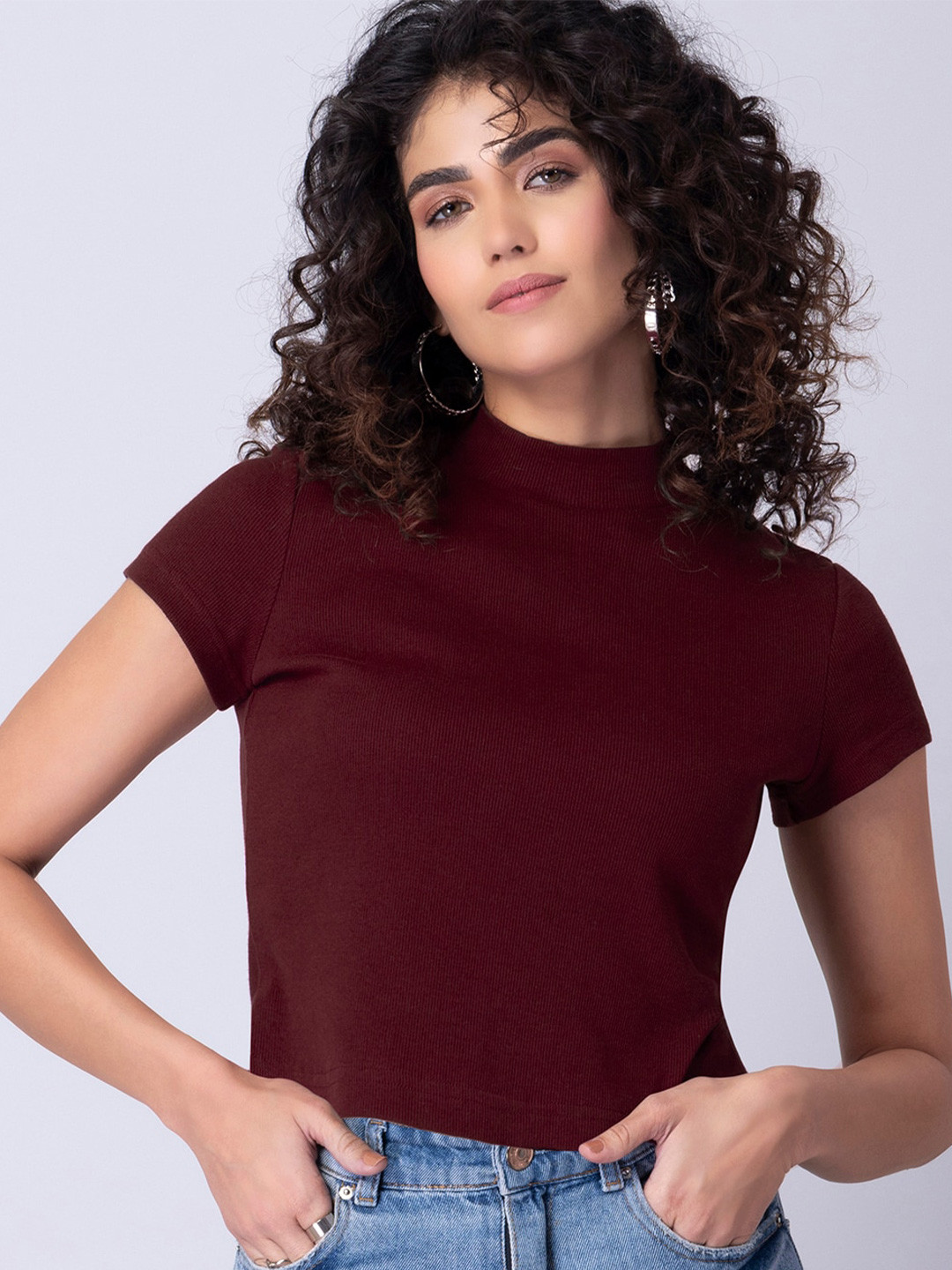 

FabAlley Maroon High Neck Knit Top