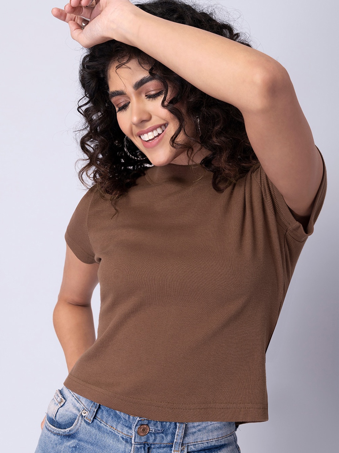 

FabAlley Brown Short Sleeves Knitted Top