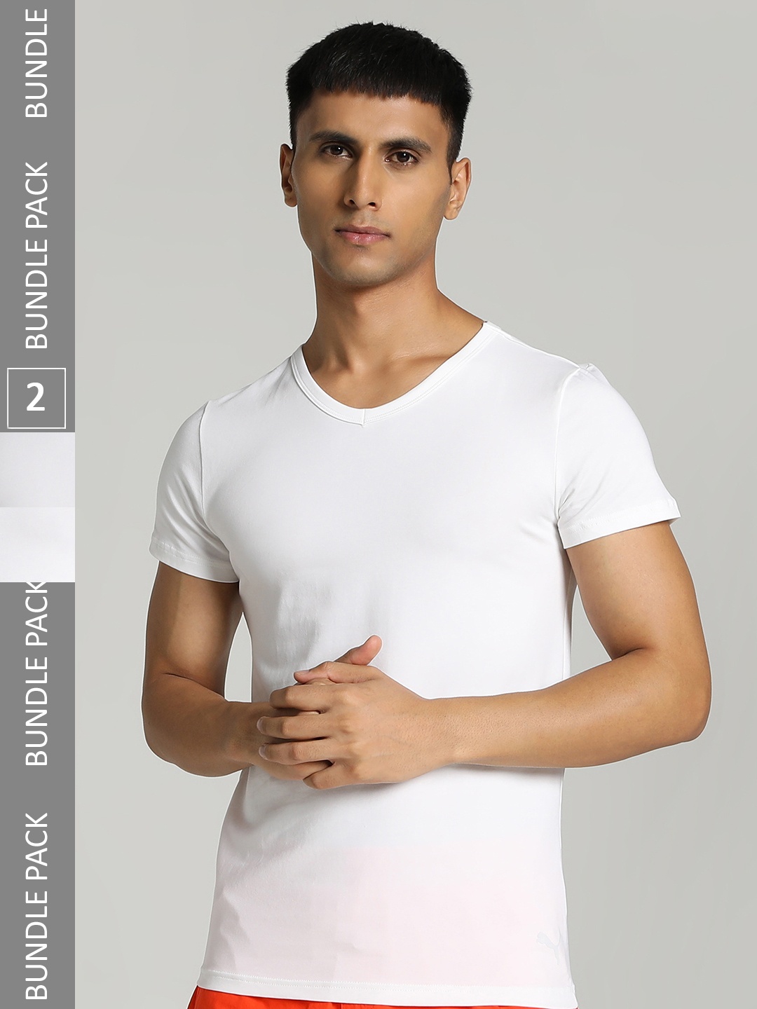 

Puma Men Pack of 2 Solid Pure Cotton V-Neck Innerwear Vests, White