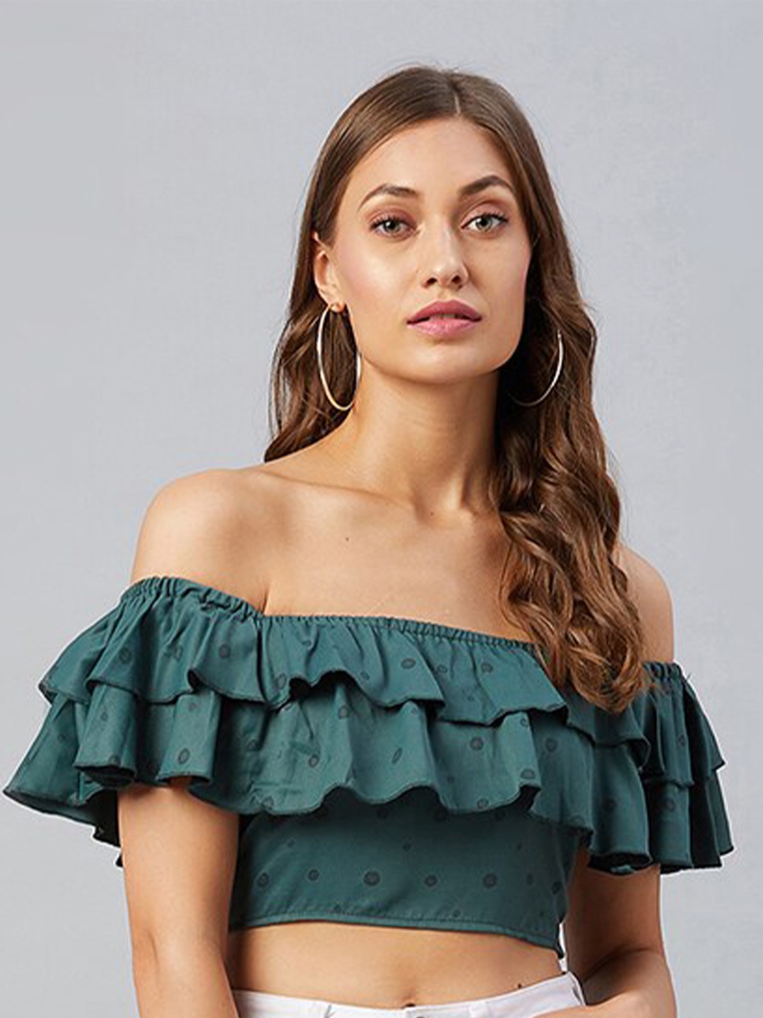 

CHIMPAAANZEE Green Off-Shoulder Bardot Crop Top