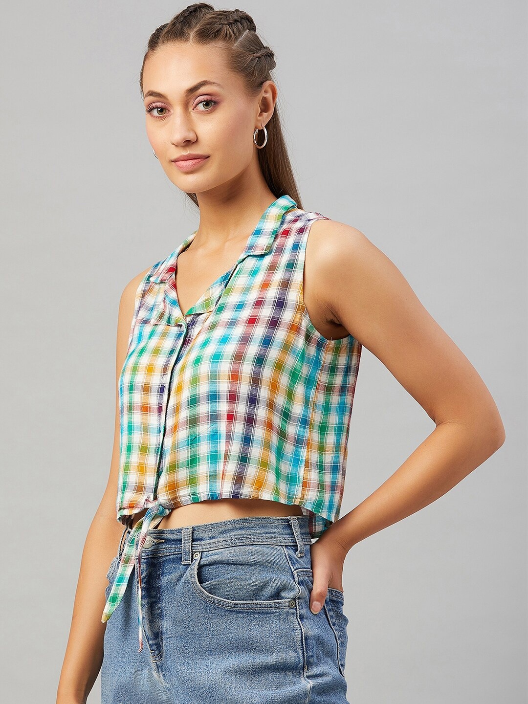 

CHIMPAAANZEE Multicoloured Checked Shirt Style Crop Top, Multi